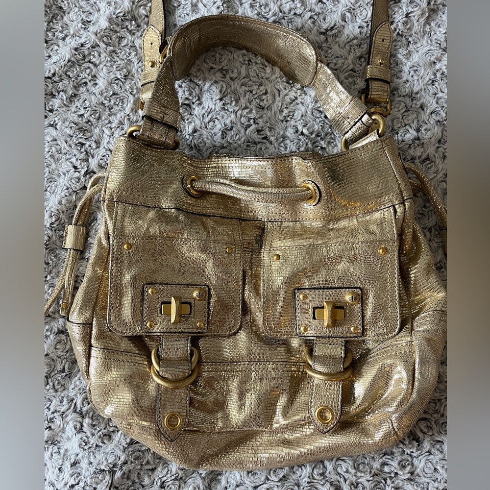 JUICY COUTURE Gold Leather Drawstring Animal Print Metallic Shoulder Bag Purse x